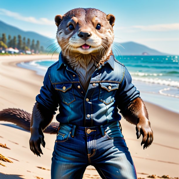 Image of a otter in a jeans on the beach