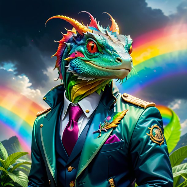 Photo of a basilisk in a jacket on the rainbow