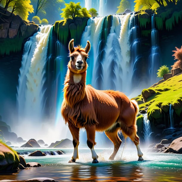 Picture of a dancing of a llama in the waterfall