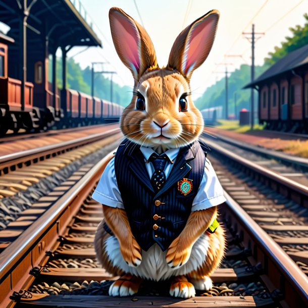 Drawing of a rabbit in a vest on the railway tracks