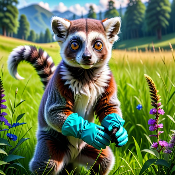 Pic of a lemur in a gloves in the meadow