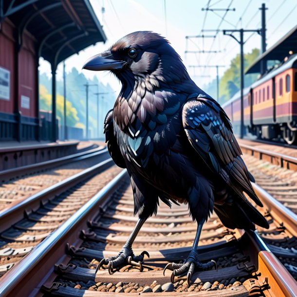 Desenho de um corvo em luvas nos trilhos ferroviários