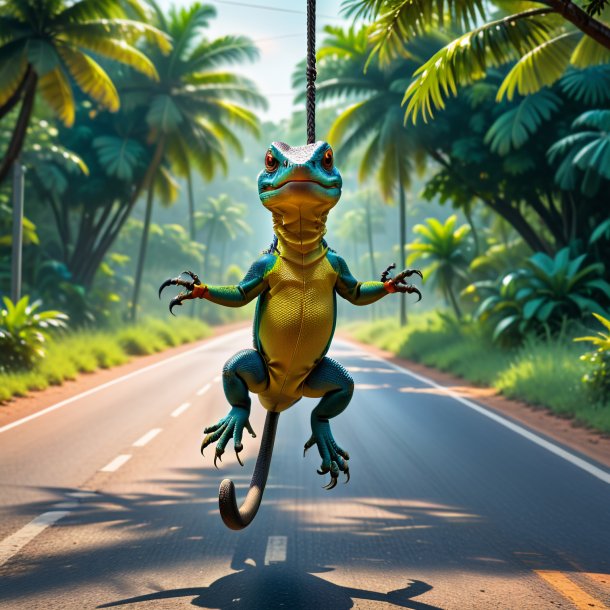 Image of a swinging on a swing of a monitor lizard on the road