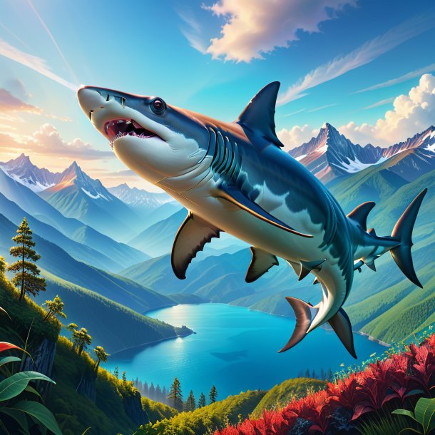 Illustration of a hammerhead shark in a cap in the mountains