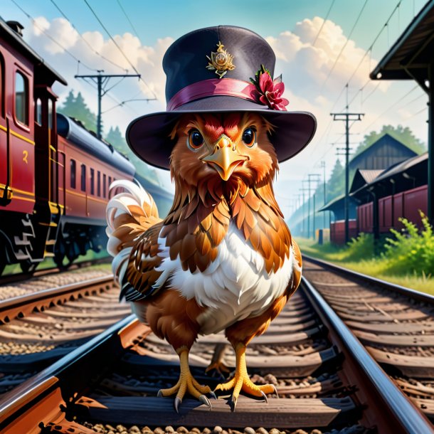 Drawing of a hen in a hat on the railway tracks