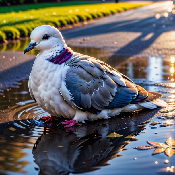 Picture of a dove in a sweater in the puddle