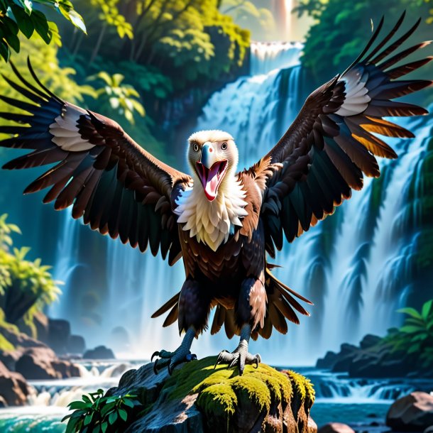 Photo of a smiling of a vulture in the waterfall