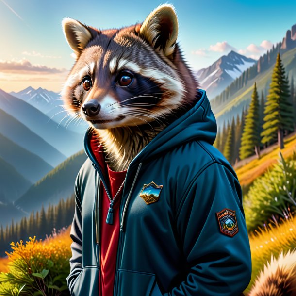 Picture of a raccoon in a hoodie in the mountains