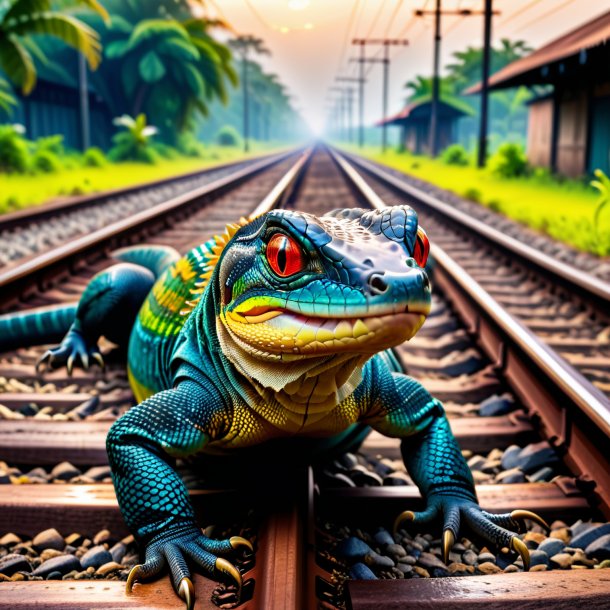 Foto de un llanto de un lagarto monitor en las vías del ferrocarril