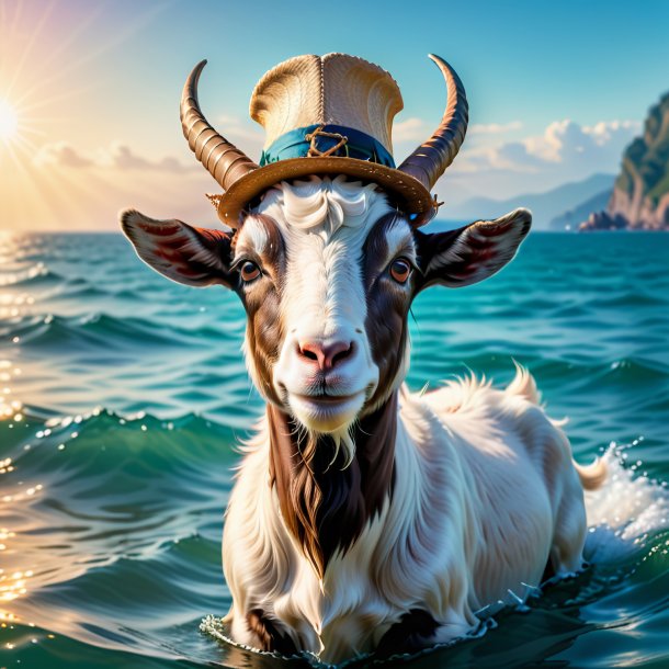 Photo of a goat in a hat in the sea