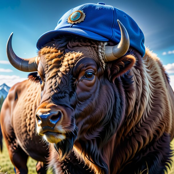 Pic of a bison in a blue cap