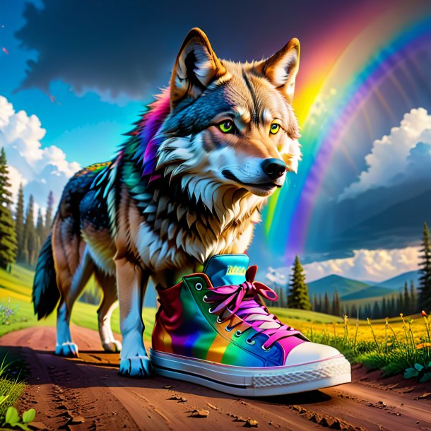 Foto de un lobo en zapatos en el arco iris