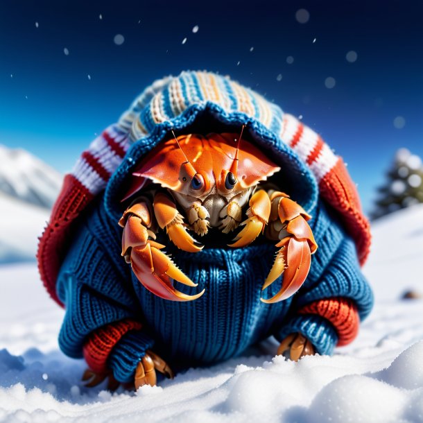 Image of a hermit crab in a sweater in the snow