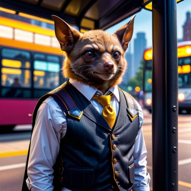 Photo of a bat in a vest on the bus stop