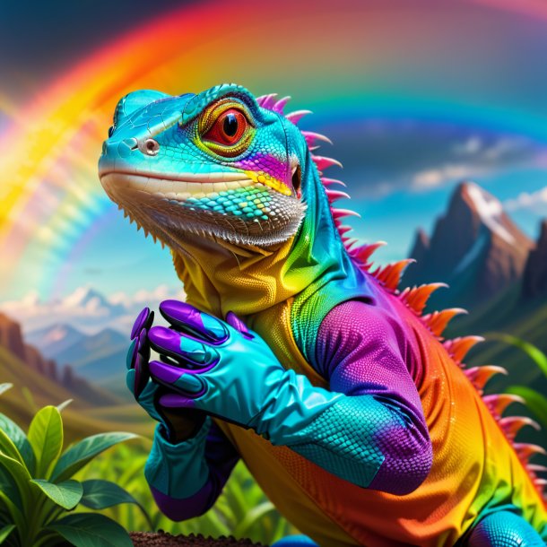 Pic d'un lézard dans un gants sur l'arc-en-ciel