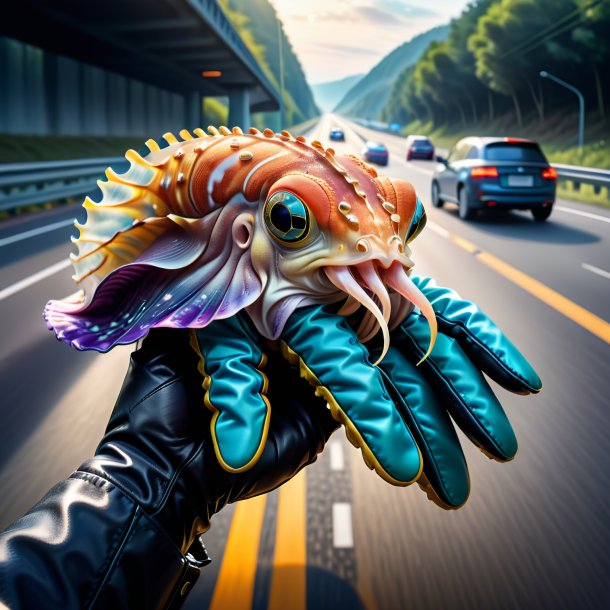 Illustration of a cuttlefish in a gloves on the highway