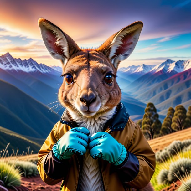 Photo of a kangaroo in a gloves in the mountains