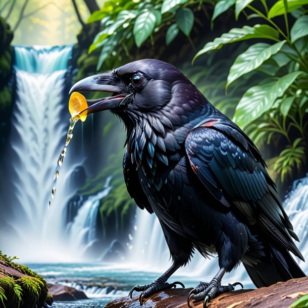 Image of a drinking of a crow in the waterfall