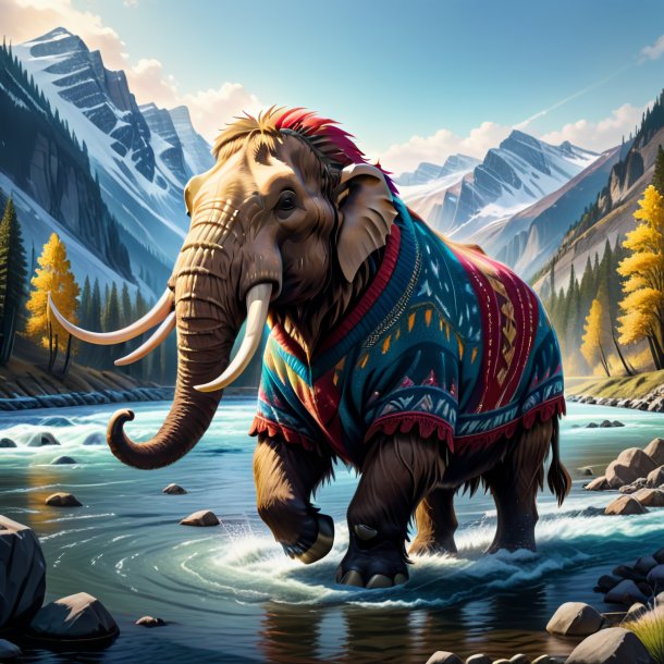 Drawing of a mammoth in a sweater in the river