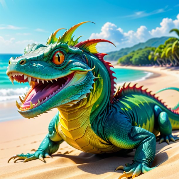 Picture of a smiling of a basilisk on the beach