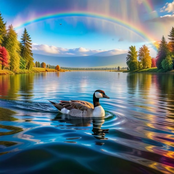 Photo of a swimming of a goose on the rainbow