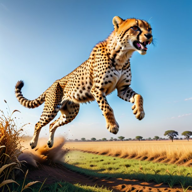 Picture of a jumping of a cheetah on the field