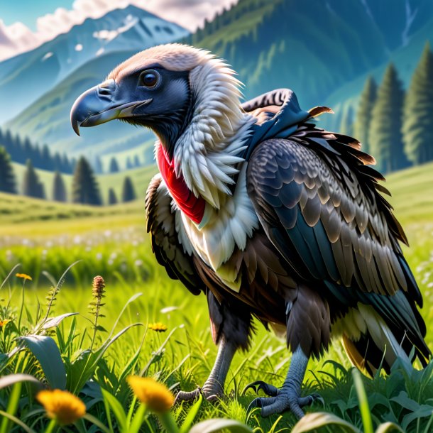 Photo of a vulture in a hoodie in the meadow