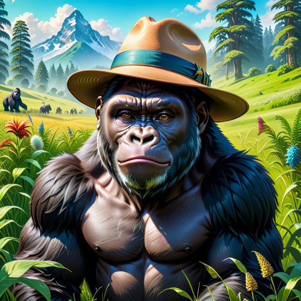 Drawing of a gorilla in a hat in the meadow