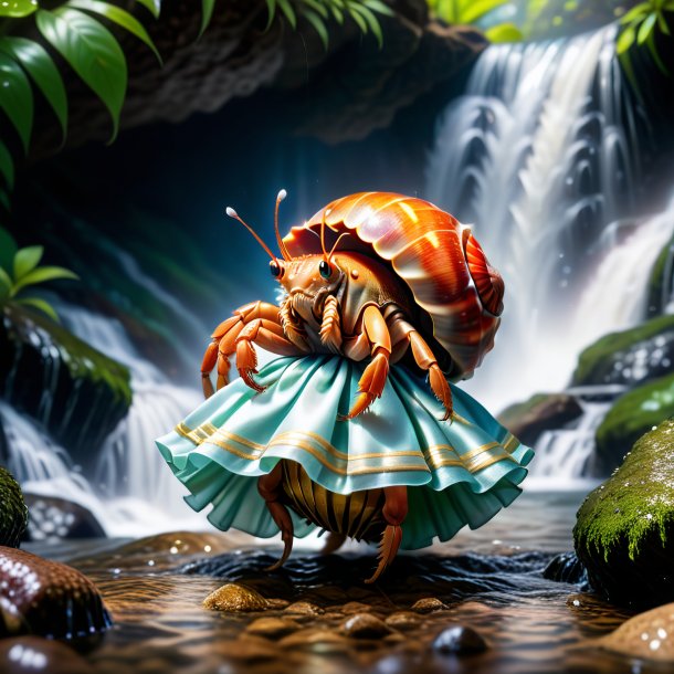 Image of a hermit crab in a dress in the waterfall