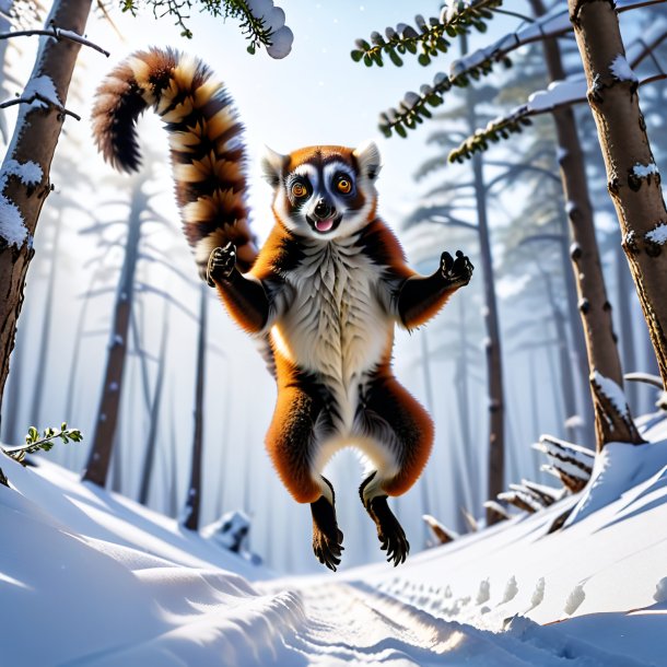 Image of a jumping of a lemur in the snow