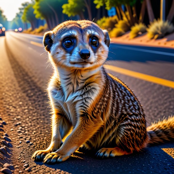 Imagem de um descanso de um meerkat na estrada