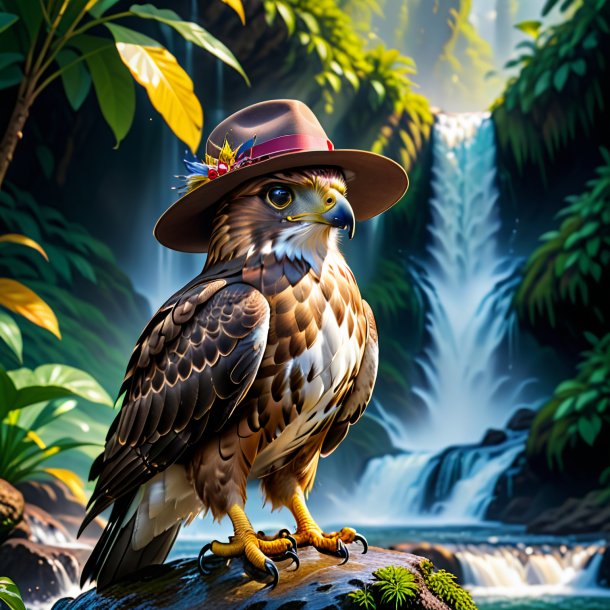 Picture of a hawk in a hat in the waterfall