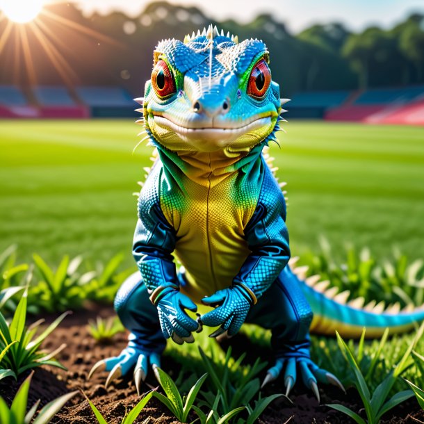 Imagem de um lagarto em uma luva no campo