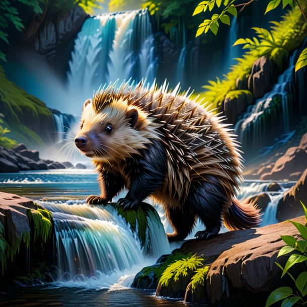 Picture of a waiting of a porcupine in the waterfall