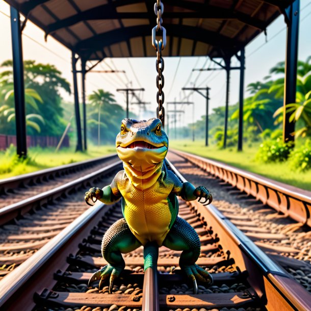 Foto de un balanceo en un columpio de un lagarto monitor en las vías del ferrocarril