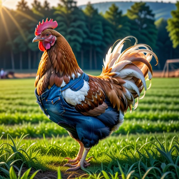 Foto de una gallina en un jeans en el campo