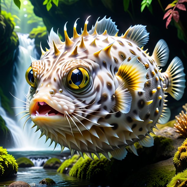 Photo of a threatening of a pufferfish in the waterfall