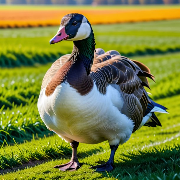 Foto de um ganso em um casaco no campo