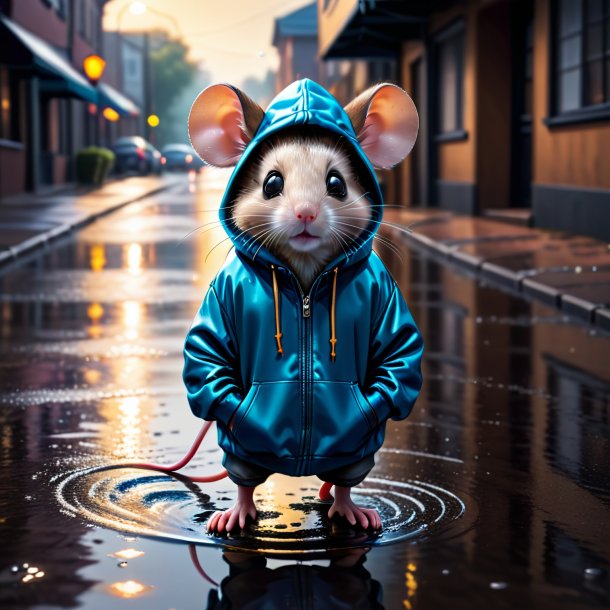 Image of a mouse in a hoodie in the puddle