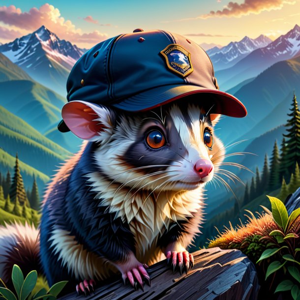 Ilustración de una zarigüeya en una gorra en las montañas