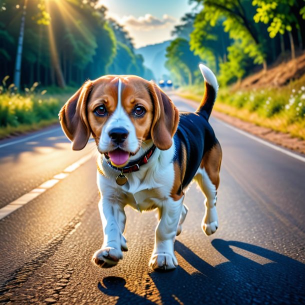 Picture of a playing of a beagle on the road