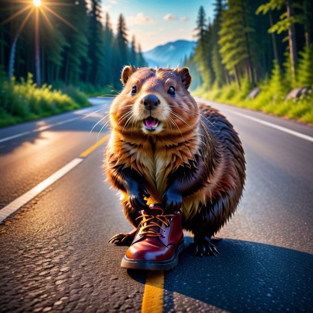 Photo of a beaver in a shoes on the road