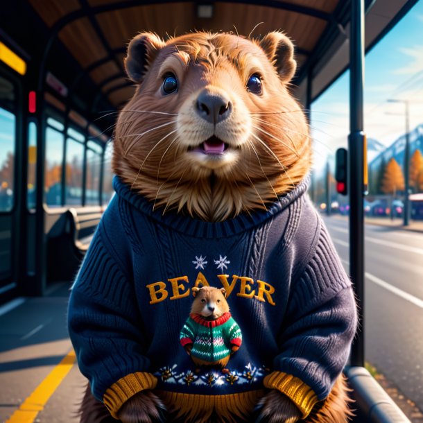 Foto de um castor em um suéter no ponto de ônibus