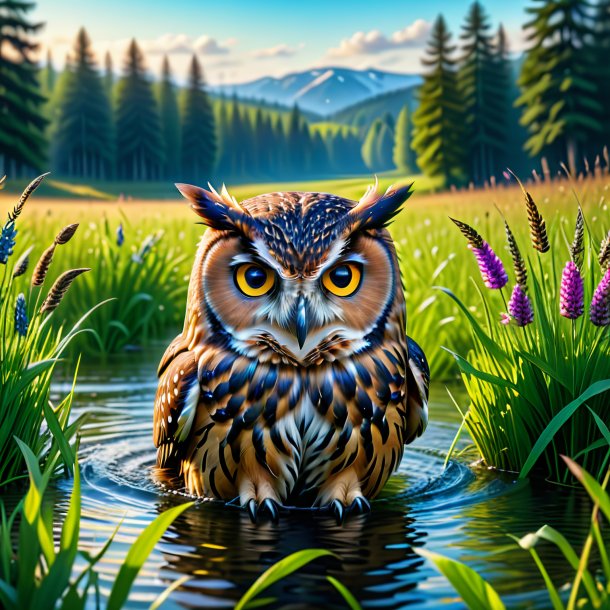 Image of a swimming of a owl in the meadow