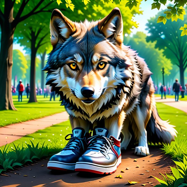 Foto de un lobo con zapatos en el parque