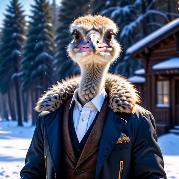 Pic of a ostrich in a jacket in the snow