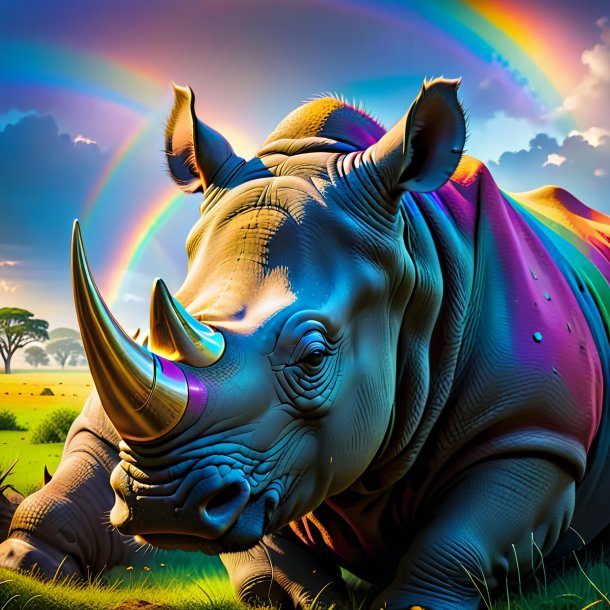 Picture of a sleeping of a rhinoceros on the rainbow