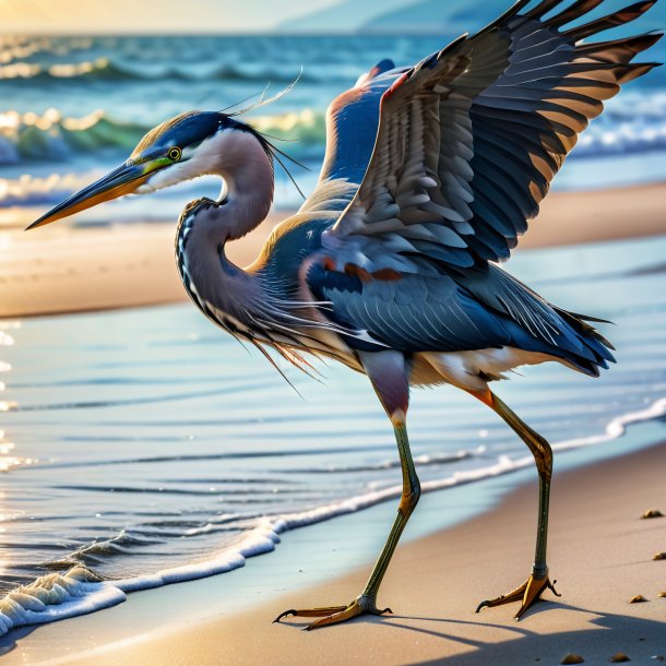 Picture of a swimming of a heron on the beach