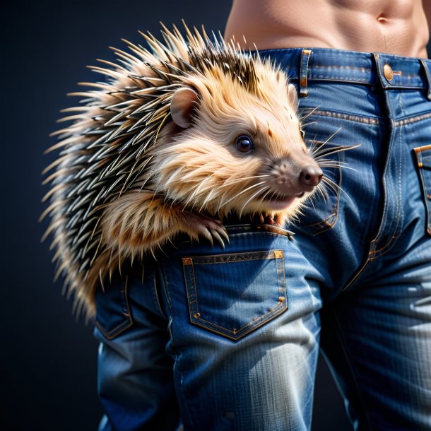 Photo of a porcupine in a blue jeans