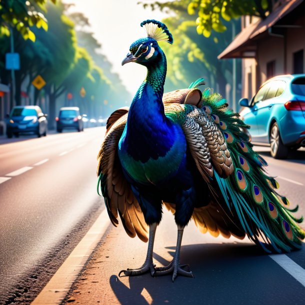 Photo of a peacock in a shoes on the road